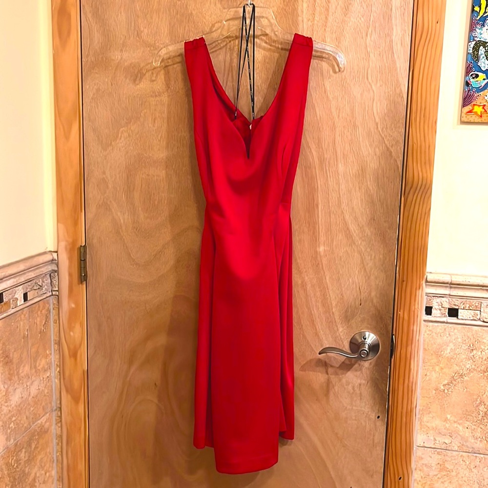 DKNY Red V-Neck Fit and Flare Midi Dress.